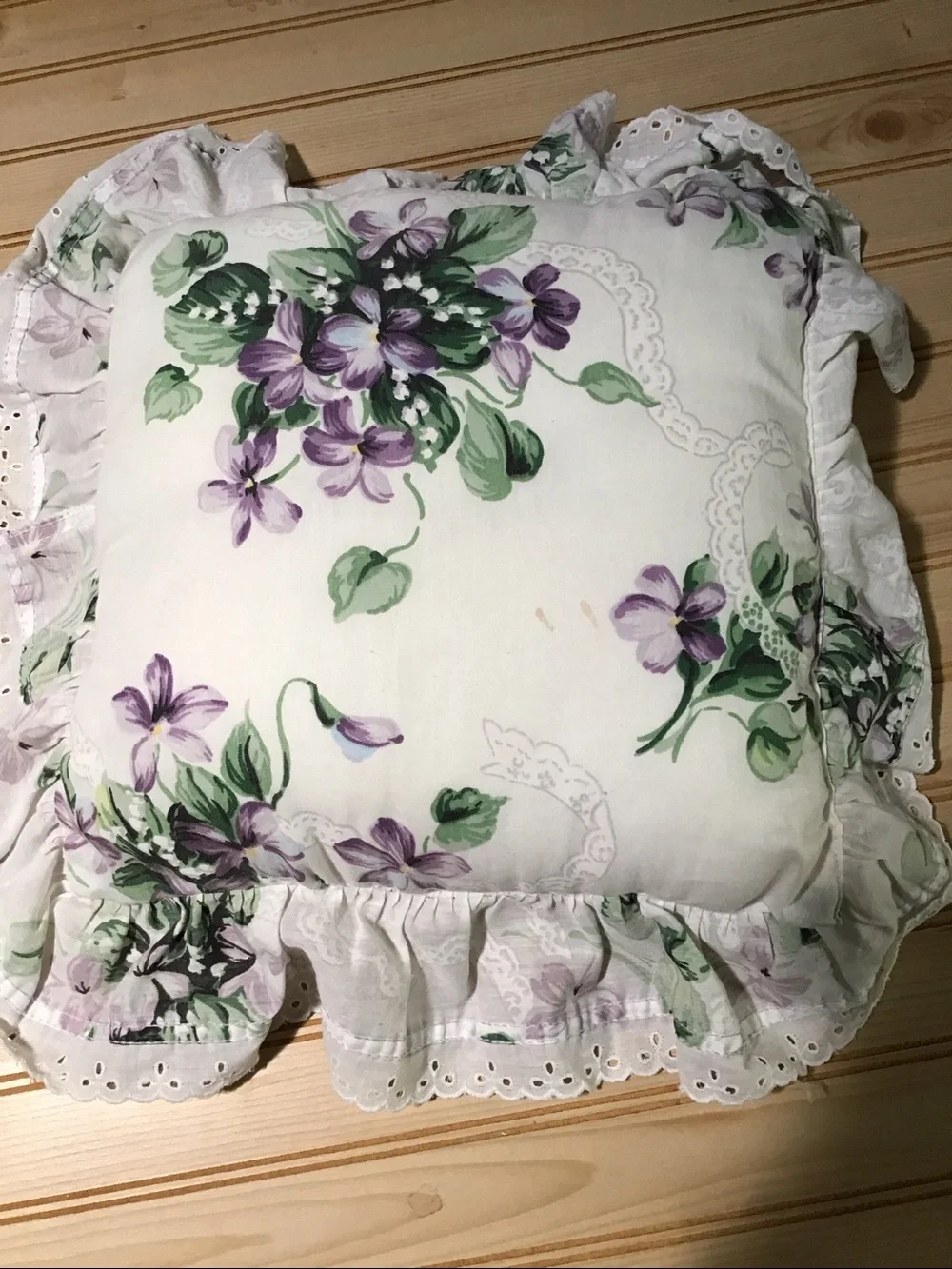 Floral Bunches of Violets Purple Ribbon Eyelet Lace Ruffle Small Throw Pillow
